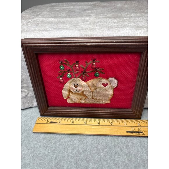 8" x 6"Framed Cross Stitch Bunny Ornament Antlers on Red Background - Picture 5 of 12